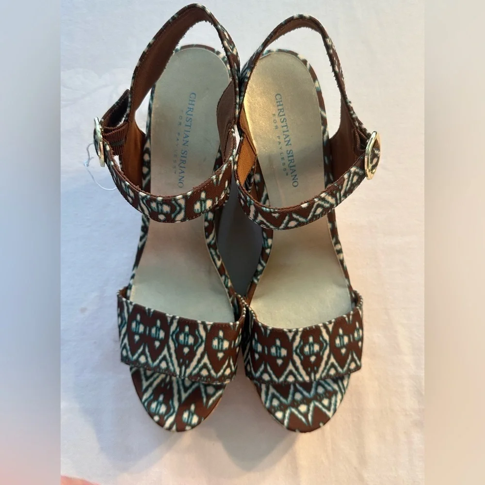 Christian Siriano Blue & Brown Ikat Cork Wedges Size 11 Boho Eclectic Classic